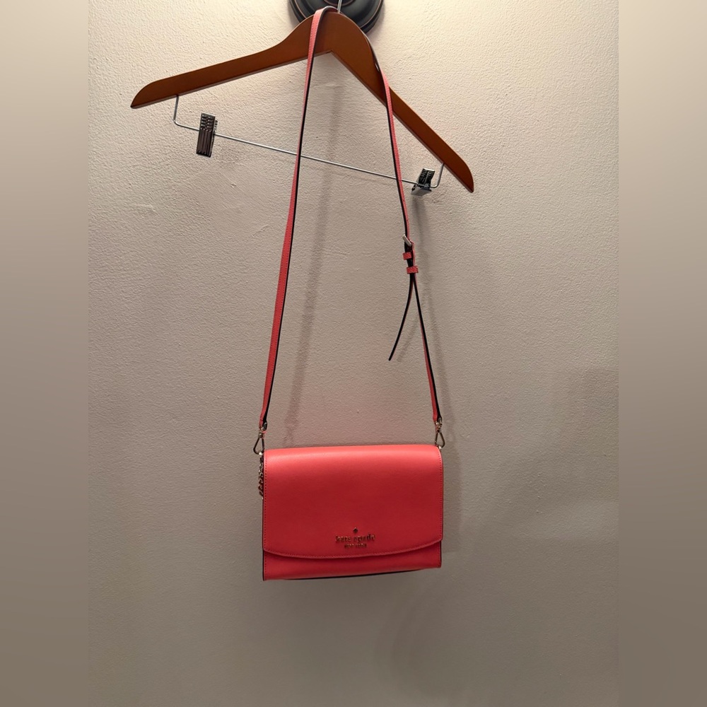 Kate Spade New York Coral Pink Saffiano Leather Crossbody Bag Gold Chain Detail